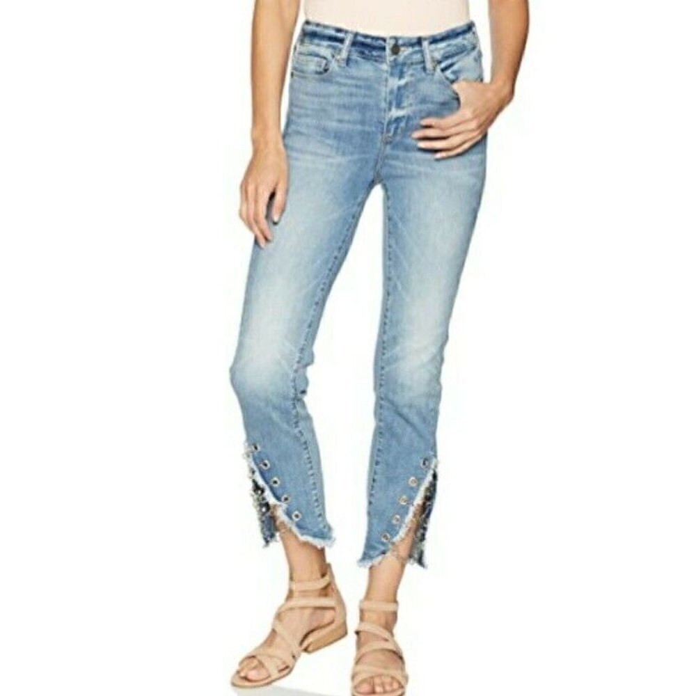 Paige Hoxton Straight Fray Ankle Slit with Olympic Chains Jeans